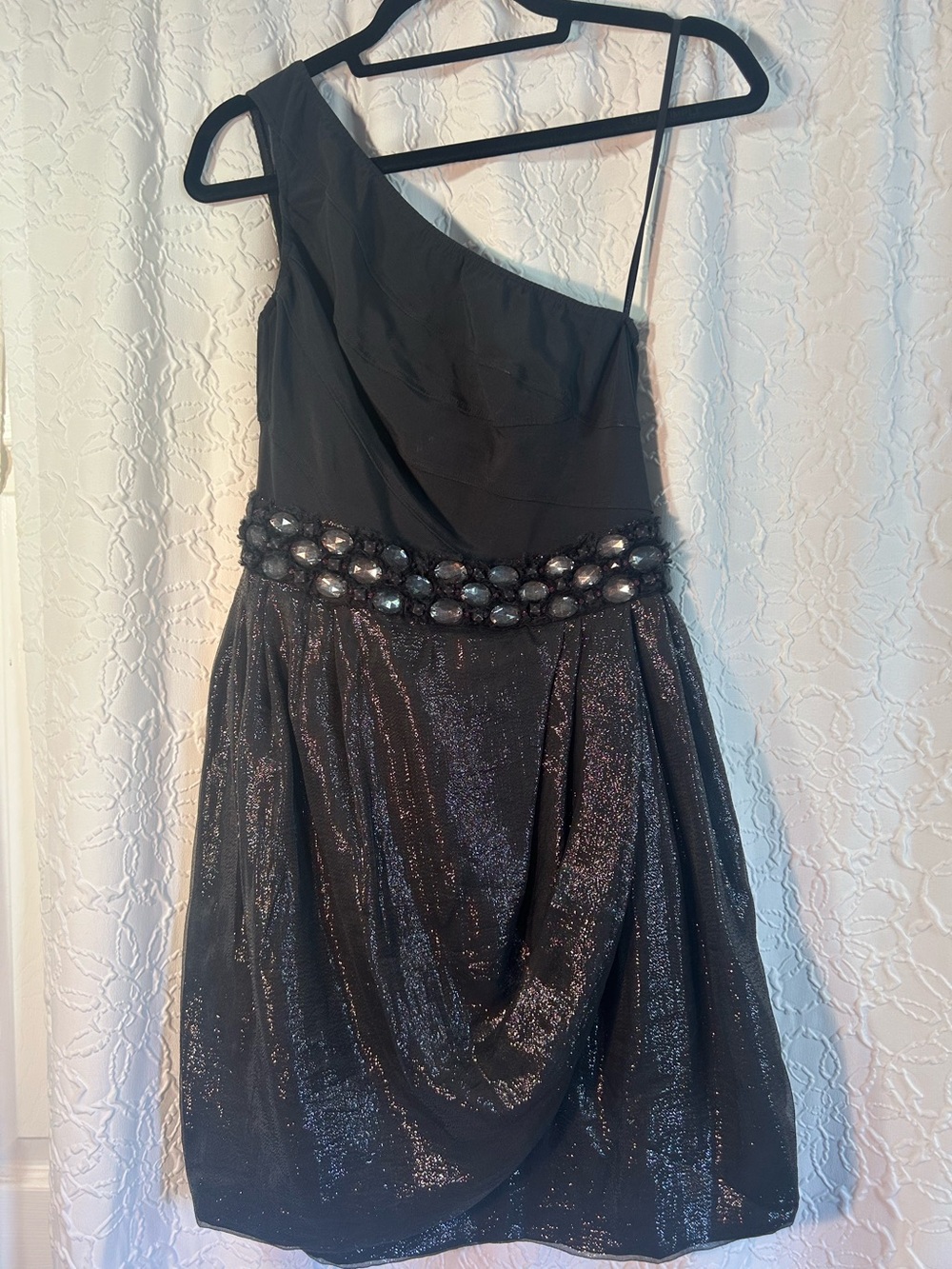 Maria Bianca Negro One-Shoulder Black Embellished metallic Party Dress